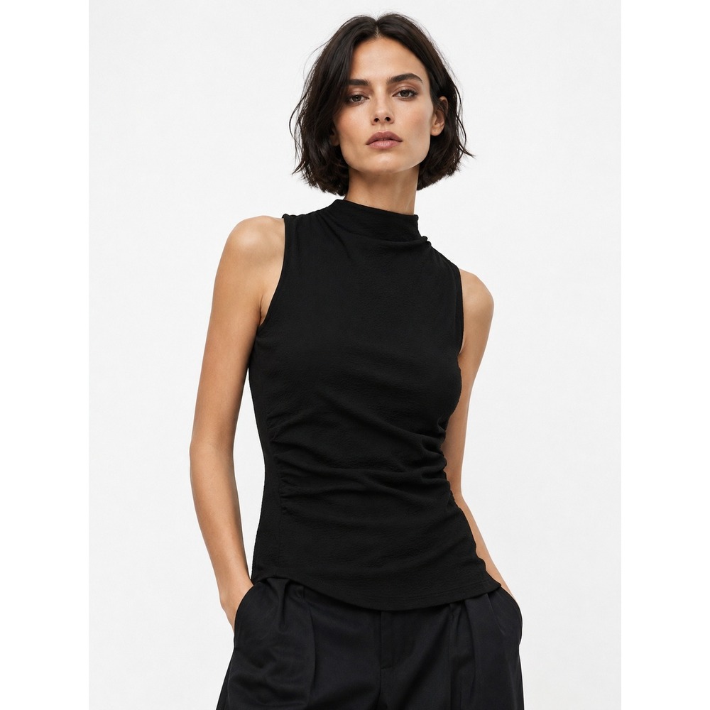 Les‎ Serein Black Sleeveless Ruched Knit Top High Mock Neck  NWT Large